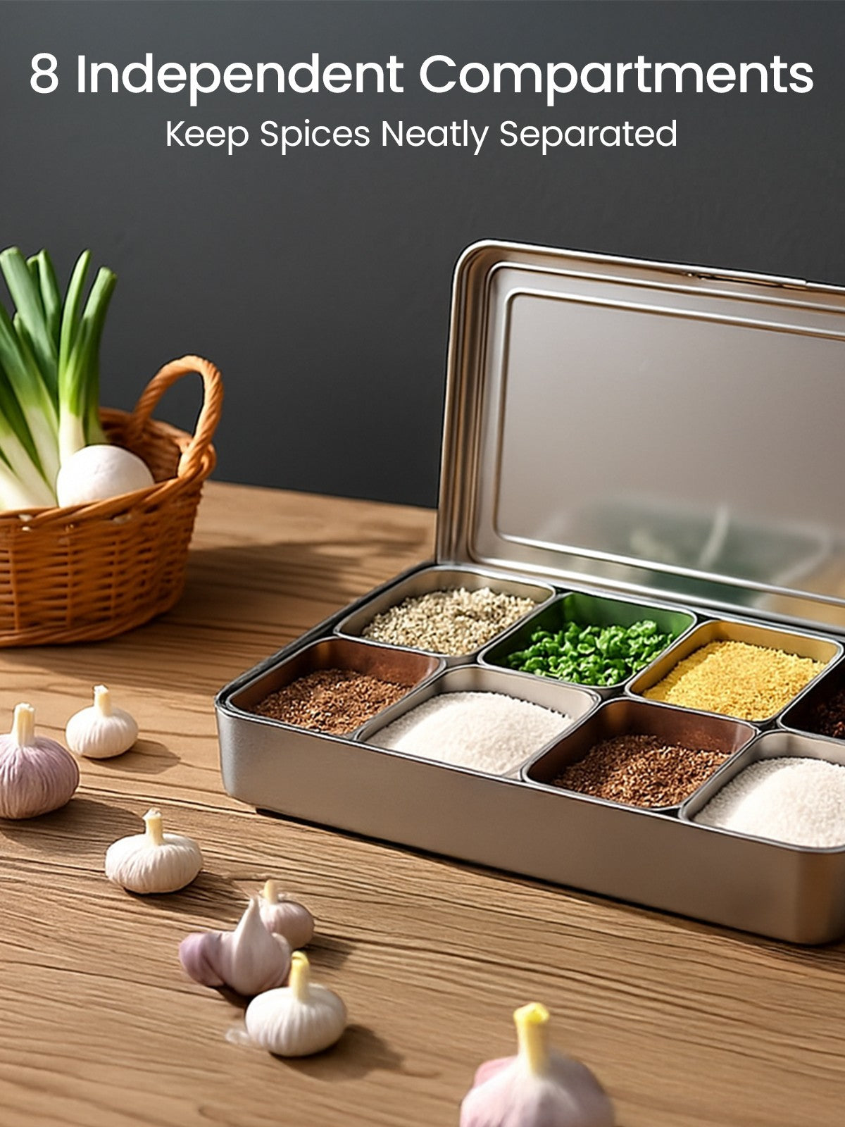 304 Stainless Steel Spice Box Tray with 8 Removable Compartments Container Cruet