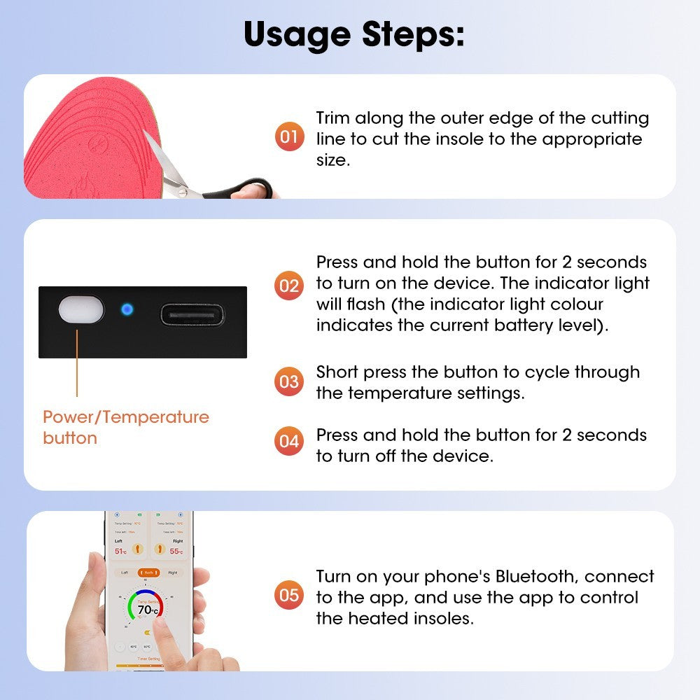 Cuttable Electric Heated Insoles Shoes Pads Rechargeable APP Control