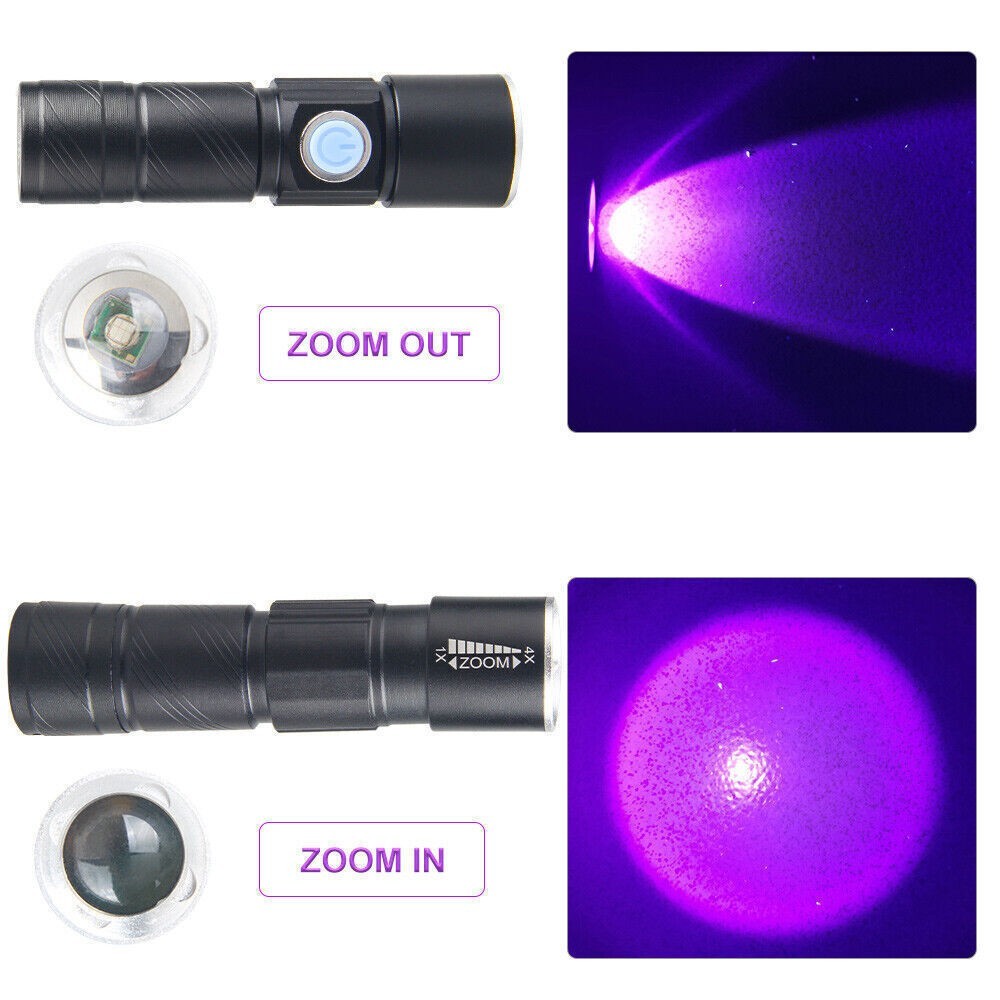 USB Rechargeable 395 LED UV Torch Flashlight Ultra Violet Blacklight Zoom Light