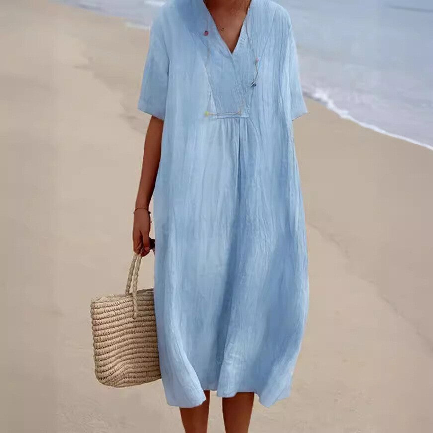 Ladies Summer Cotton Linen Dress Ladies Sundress Solid Midi Dresses Pullover UK