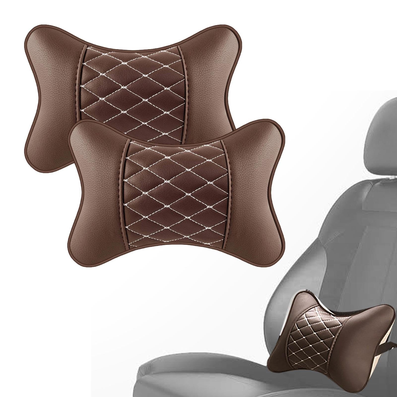 2pc Car Seat Head Neck Rest PU Leather Support Cushion Pad HeadRest Bone Pillow