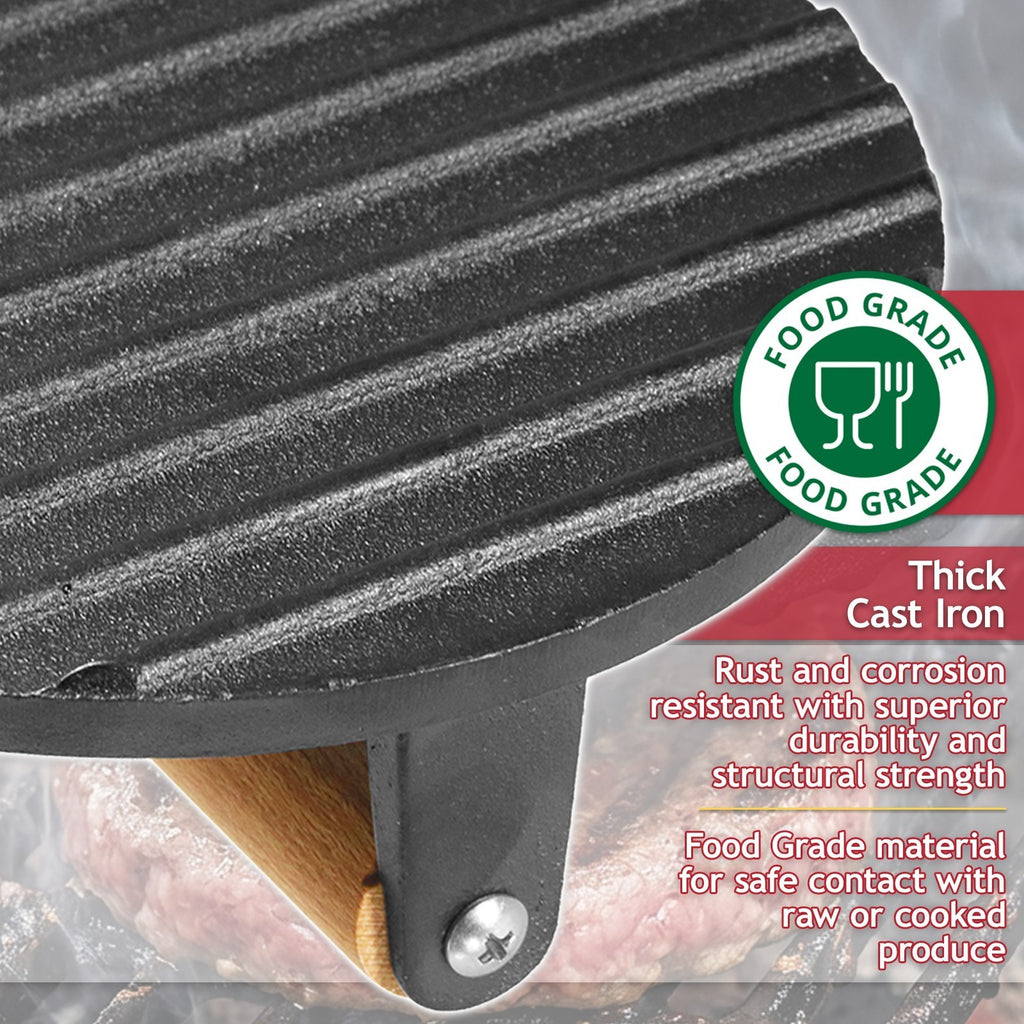 Burger Press Cast Iron 6.9" Heat Resistant Wood Handle BBQ Meat Grill Smash Tool