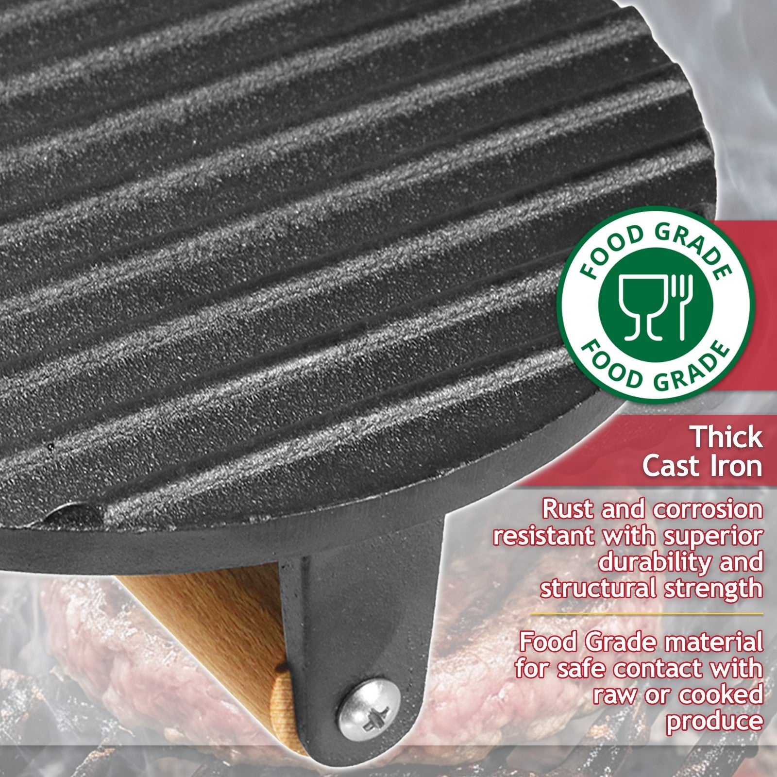 Burger Press Cast Iron 6.9" Heat Resistant Wood Handle BBQ Meat Grill Smash Tool