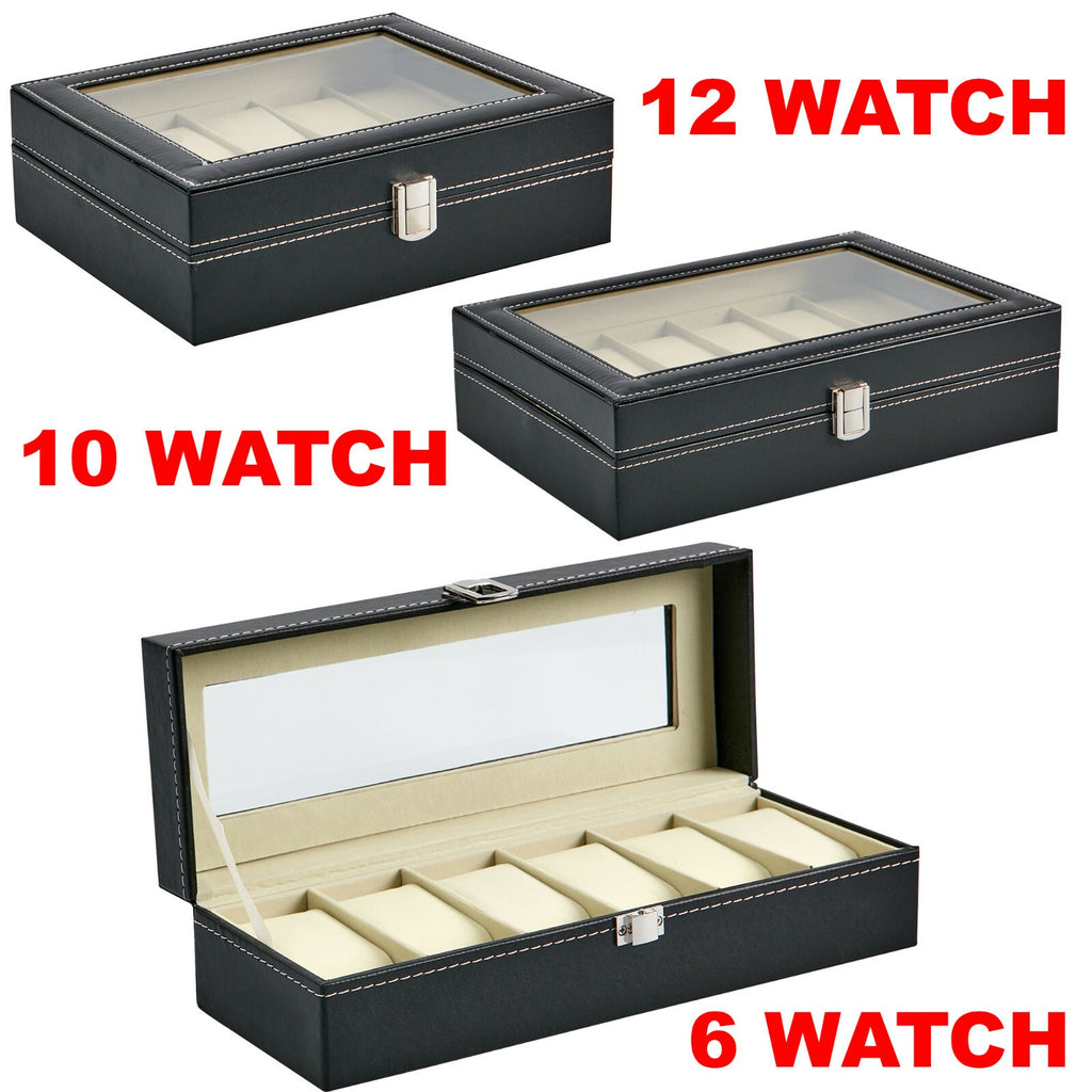 MENS 6 10 12 GRIDS PU LEATHER WATCH DISPLAY CASE COLLECTION STORAGE HOLDER BOX