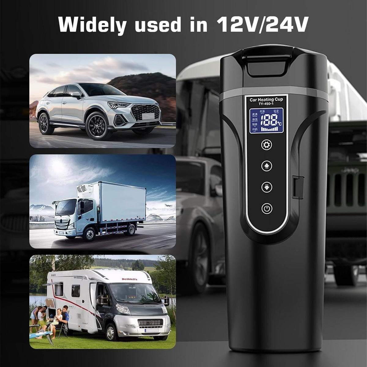 Car Kettle Heater 12V 24V Digital Display Portable 500ml for Travel Camping Boat