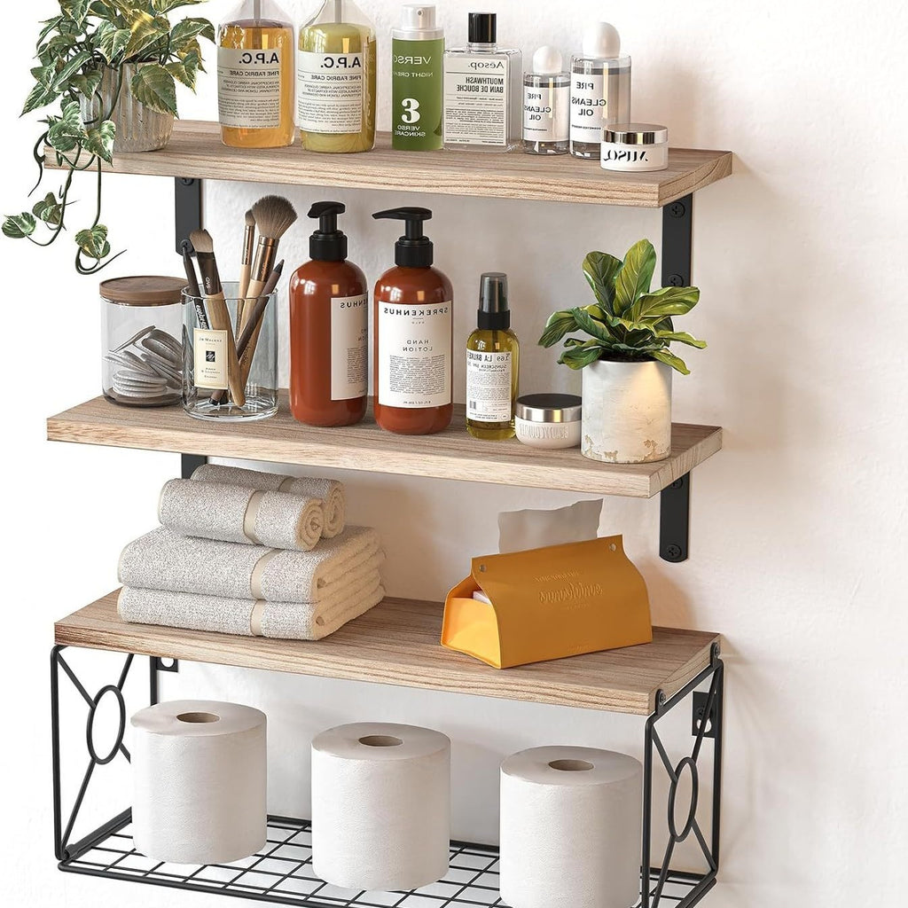3-Pack Bathroom Shelf with Metal Storage Basket Wall Mounted Floating Shelves