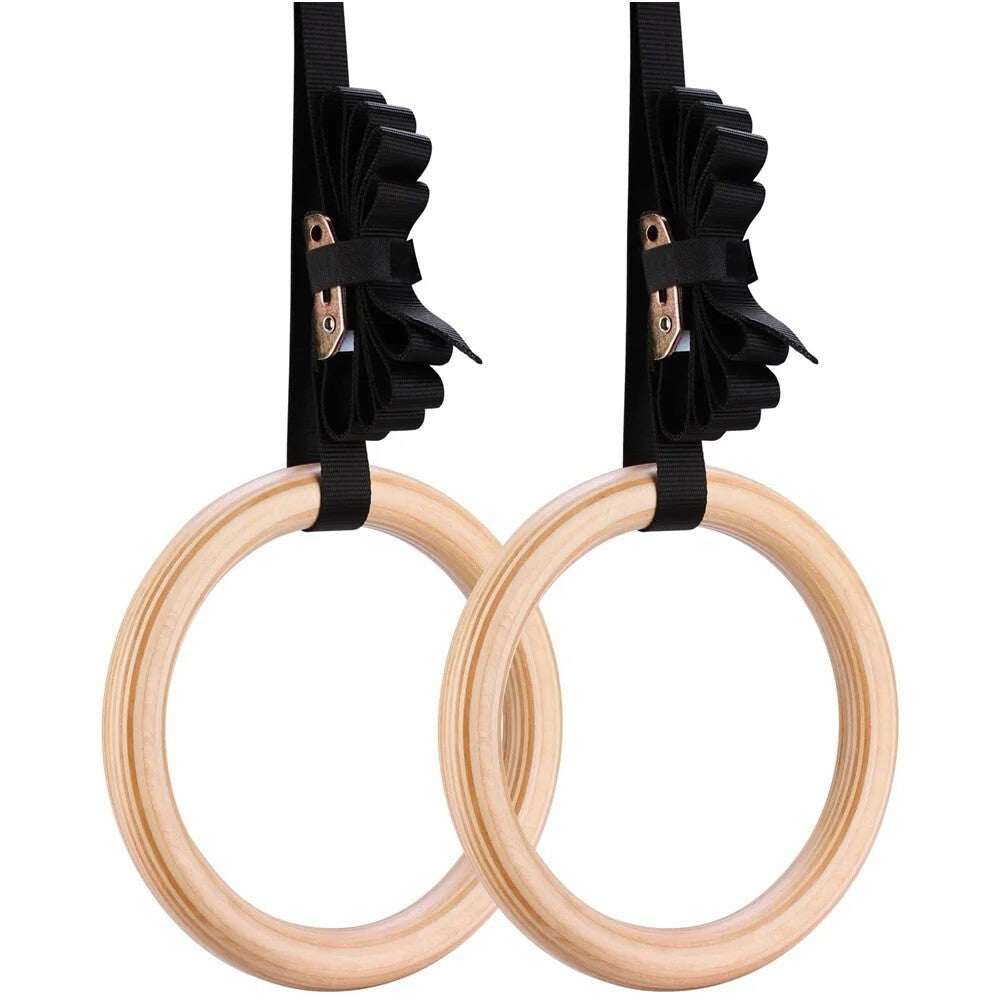 1Pair 28mm Wooden Gymnastic Ring With Adjustable Straps Home Gym Fitness Ring