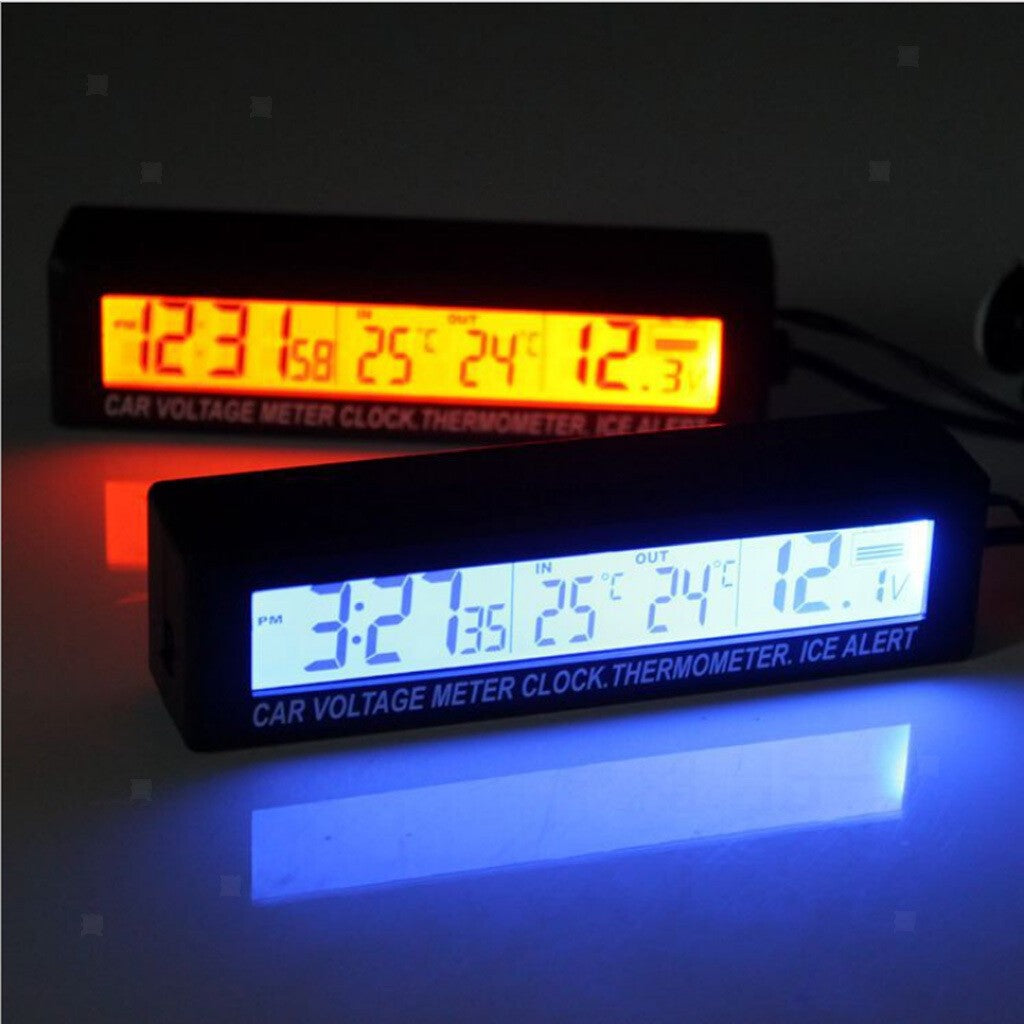 12V Car LCD Digital Clock In/Outdoor Temperature Thermometer Voltage Meter