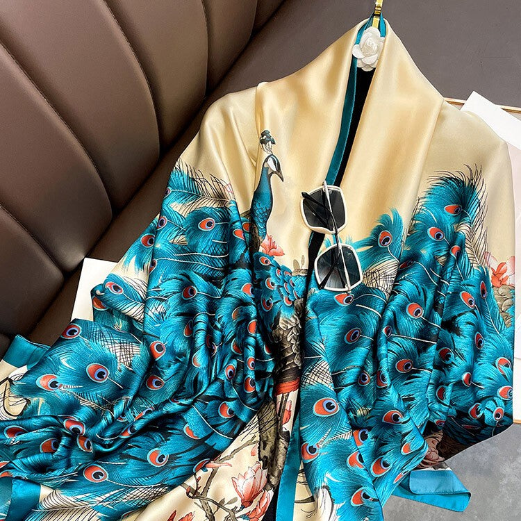 Women Beach Travel Shawl Fashion Blue Peacock Feather Scarves Silk Cover Scarf
