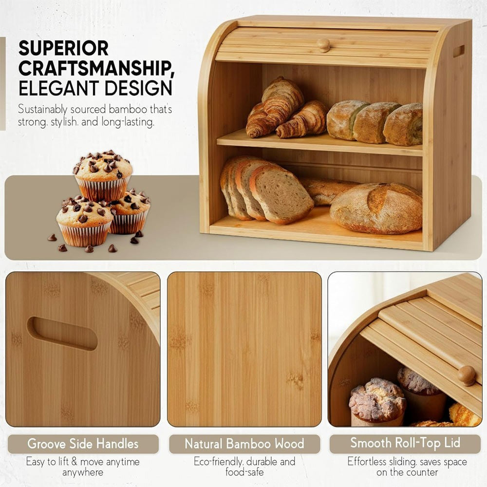 2 Tier Bamboo Bread Bin Double Layer Kitchen Storage Container Loaf Bread Box UK