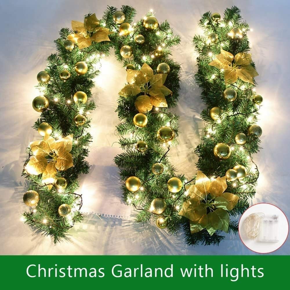 9FT Pre Lit Christmas Garland with Lights Door Wreath Xmas Fireplace Decor LED
