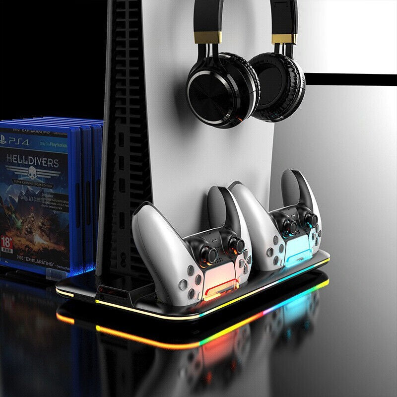 Dual Controller Charging Dock + Cooling Fan Stand RGB Light For PS5 Accessories
