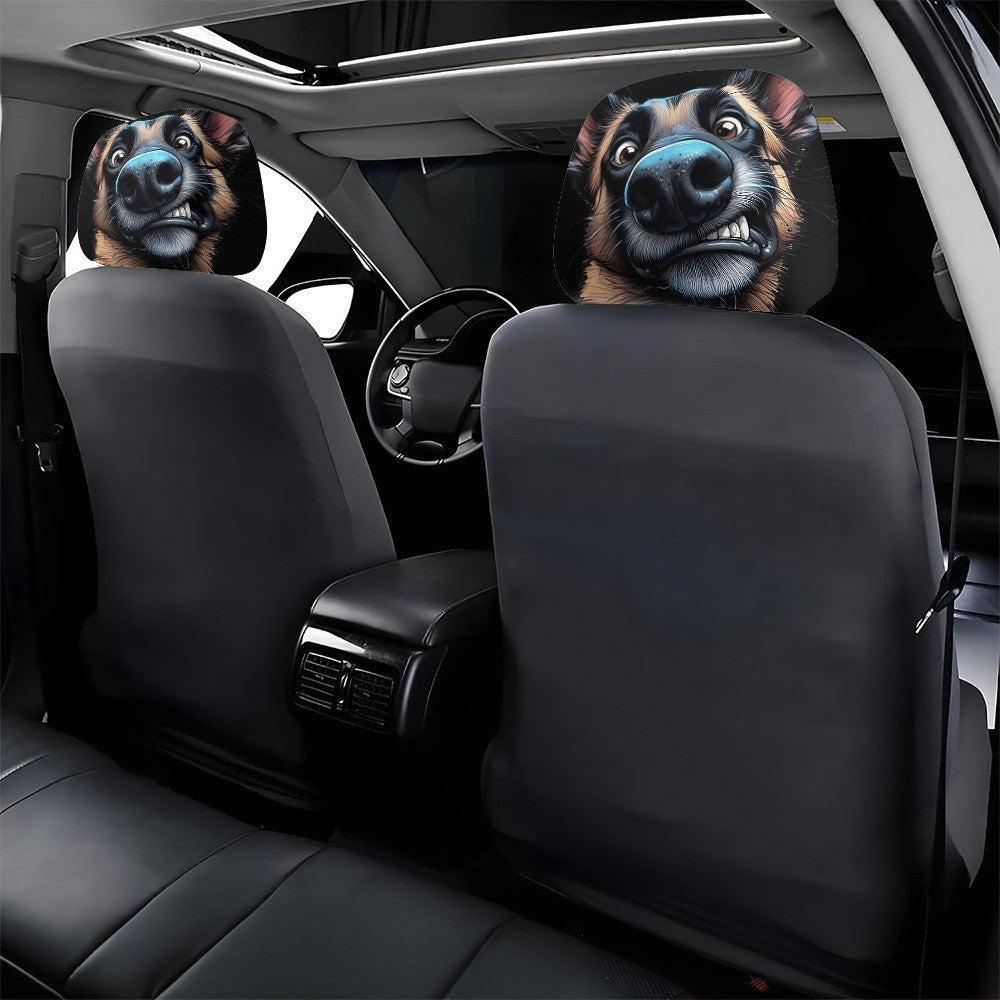 2PCS Cartoon German Shepherd Print Car Headrest Covers Polyester Seat Protector