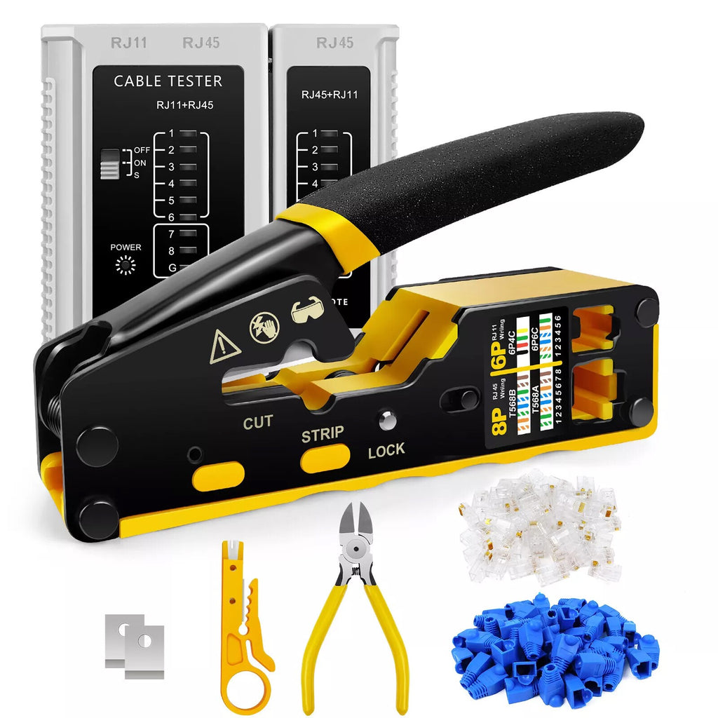 RJ45 Pass Through PRO EZ Crimping Tool Crimper CAT 5 5E 6 Connector Mega Kit UK