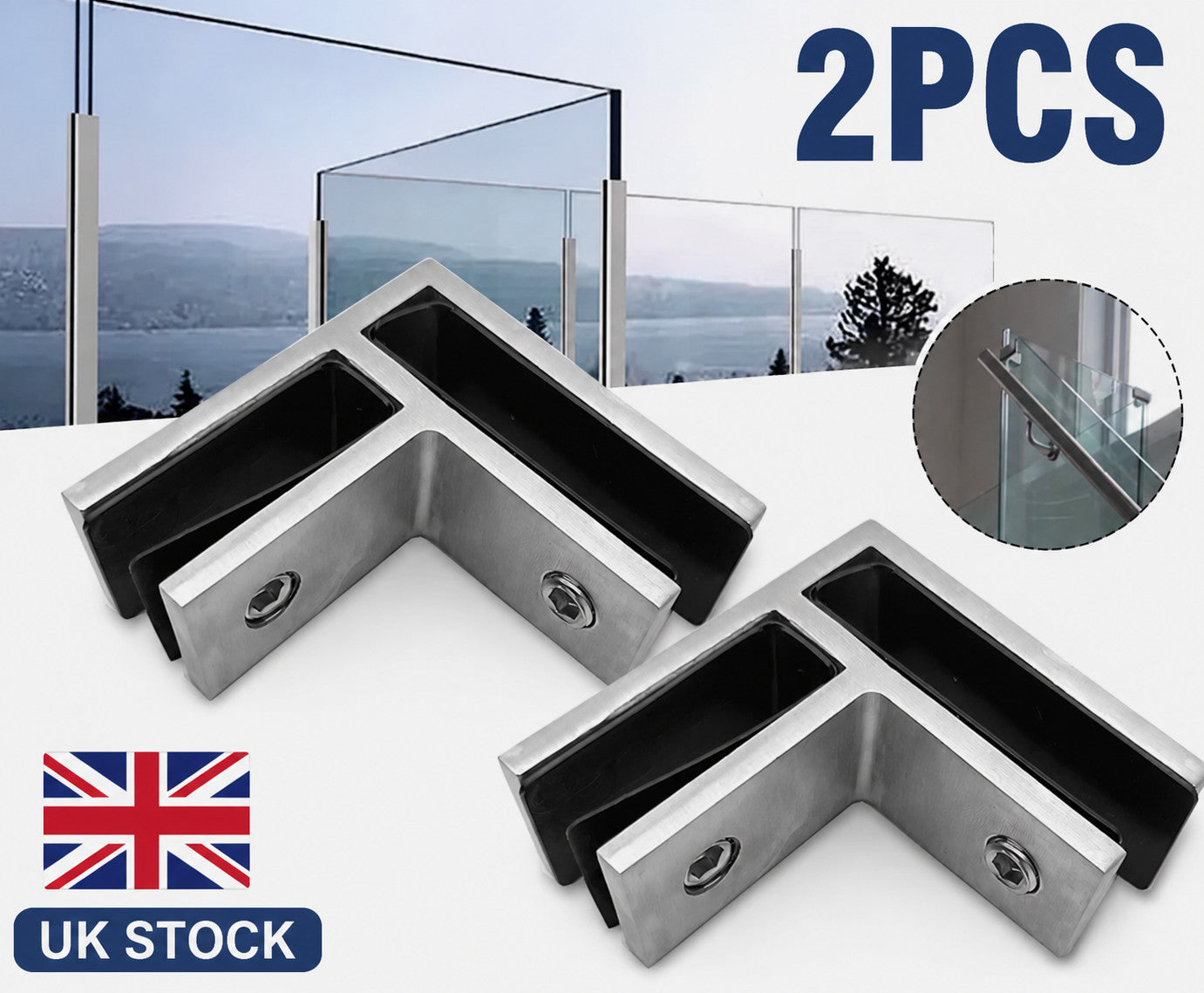2XStainless Steel 90 Degree Glass Balustrade Stiffener / Clamp 10-12mm - Duplex