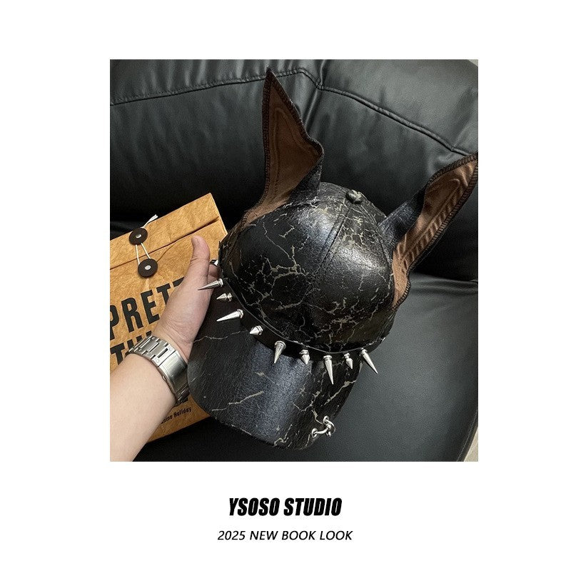 Leather Punk Rivet Baseball Cap – Y2K Doberman Ear Unisex Trendy Streetwear Hat