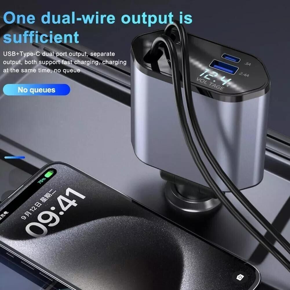 Retractable Car Charger 4IN1 120W USB Type C Cable For Phone Fast Charge Adapter