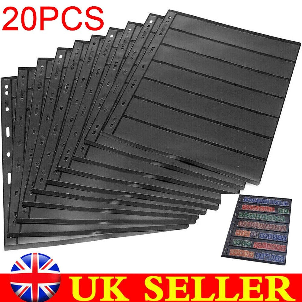 20X Double Sided Stamp Album Stock Pages Sheets with 9 Binder Holes 7 Strips UK