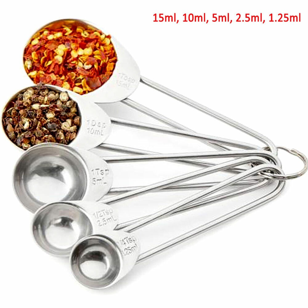 5pcs Stainless Steel Measuring Spoon Metal Cooking 15ml,10ml,5ml, 2.5ml ,1.25ml