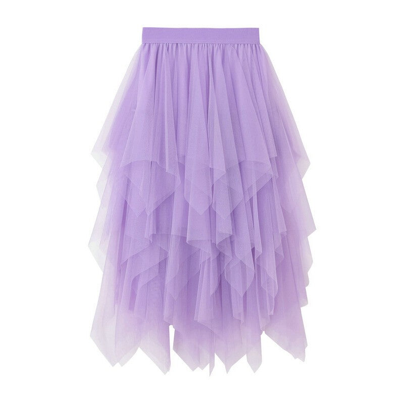*Women's* Vintage Solid Color Layered Irregular Mesh Skirt Tulle Bubble Skirt.