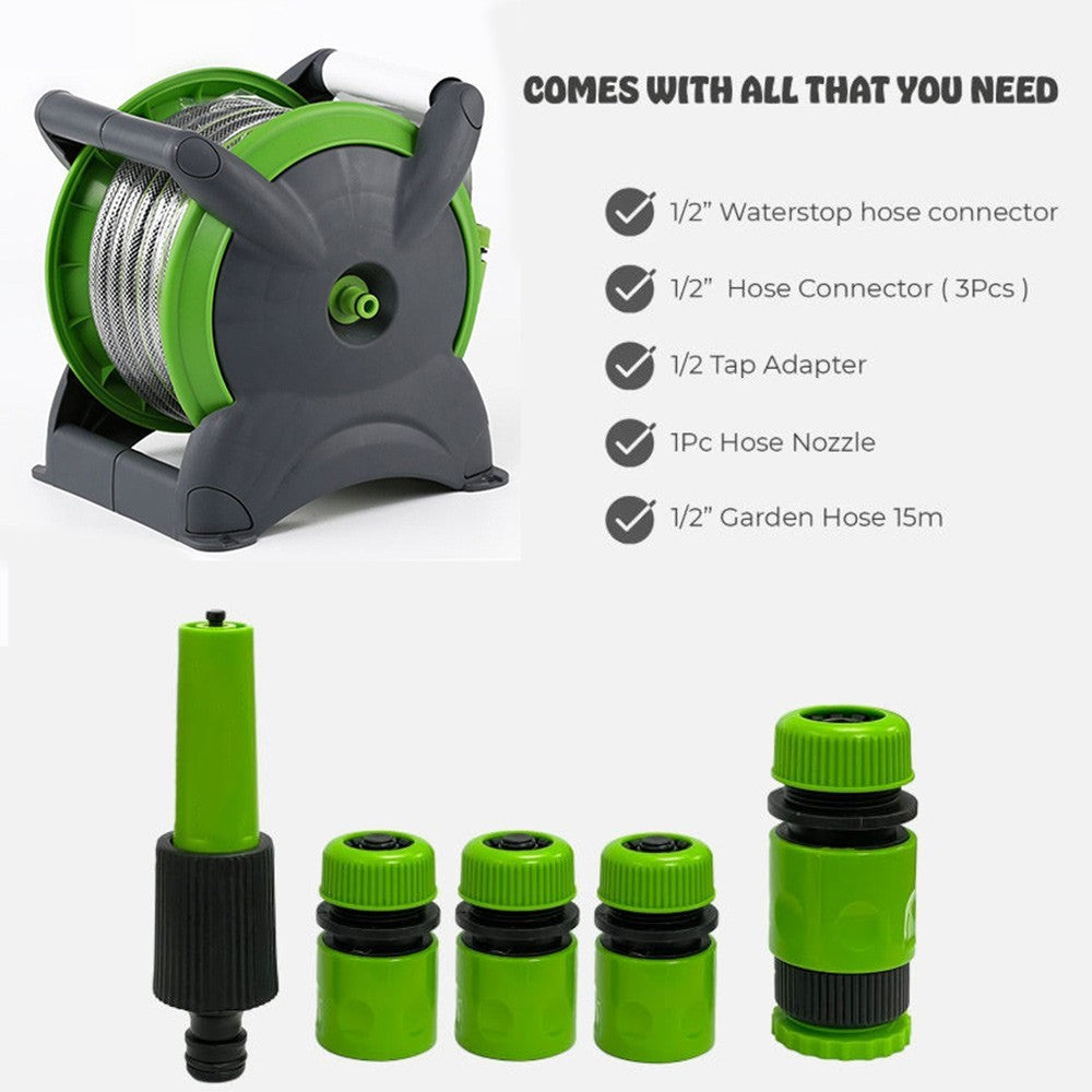 Compact Garden Hose Reel Tough Water Pipe Standing Wall Mounted Fittings 20M