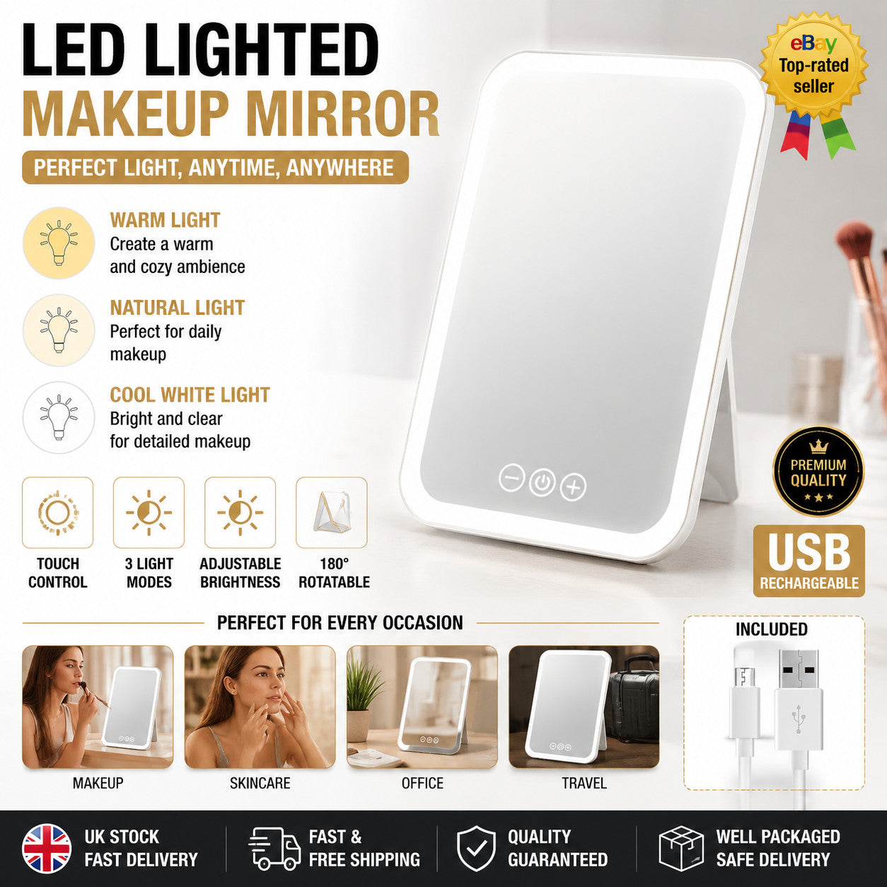 Rechargeable LED Makeup Mirror, 3 Color light, Touch Screen for Travel, Cosmeic