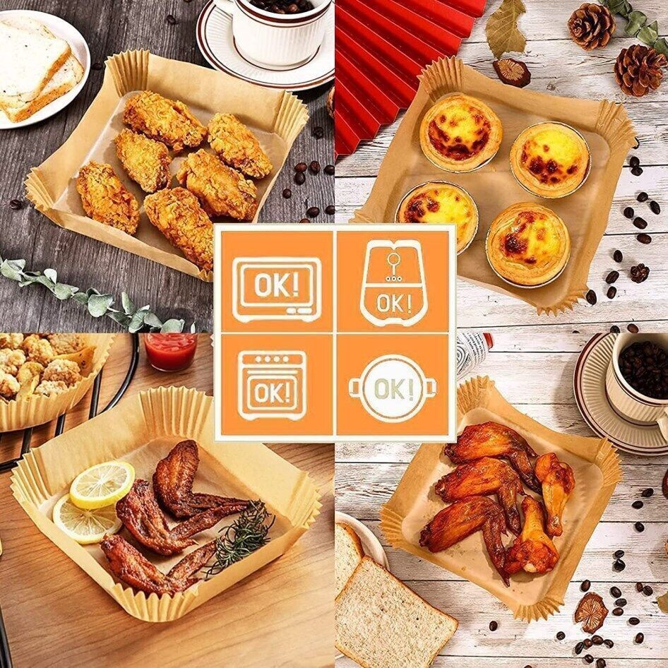 100x Air Fryer Paper Liners SQUARE PREMIUM Quality Disposable Non-stick Liners
