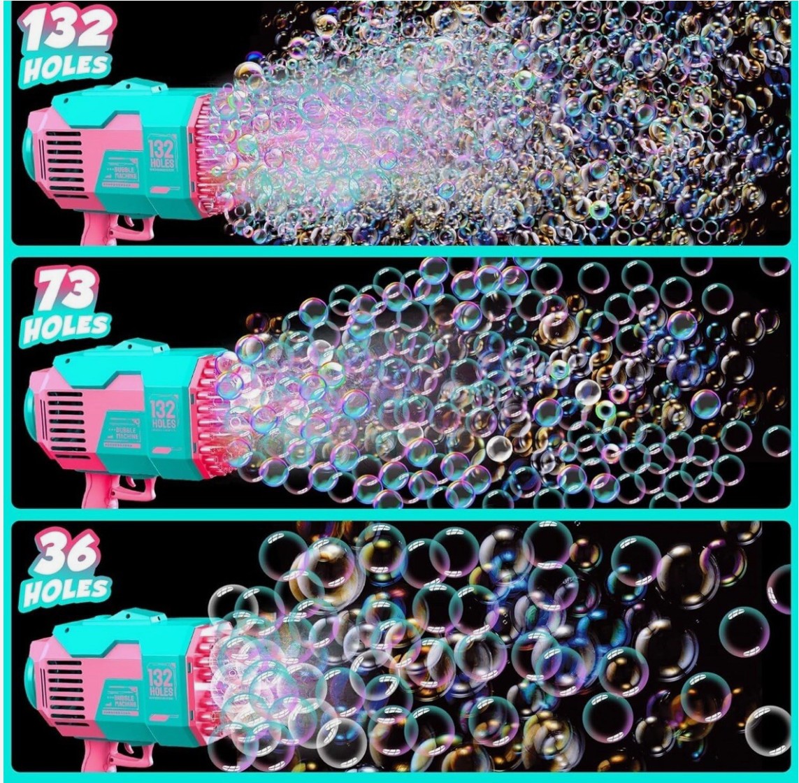 Bubble Machine Gun for Kids - 132 Holes Bubble Gun with Liquid, Outdoor & Indoor