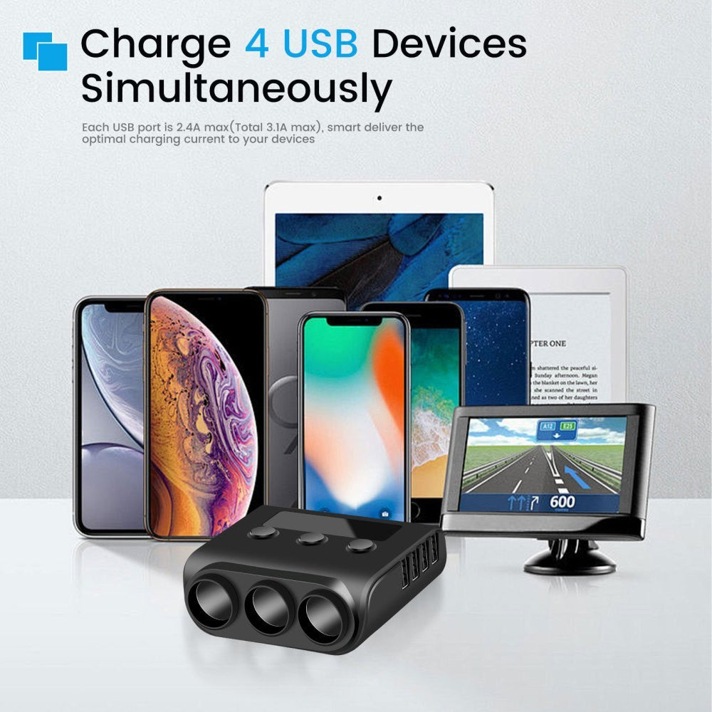 3 Way Cigarette Lighter Socket Splitter 12V 24V 4 USB Plug Multi Charger Adapter
