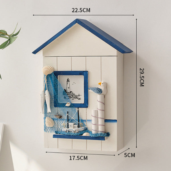 Wall Wooden Key Storage Box Ocean Theme Decoration 11.6x2x8.8inch Handmade