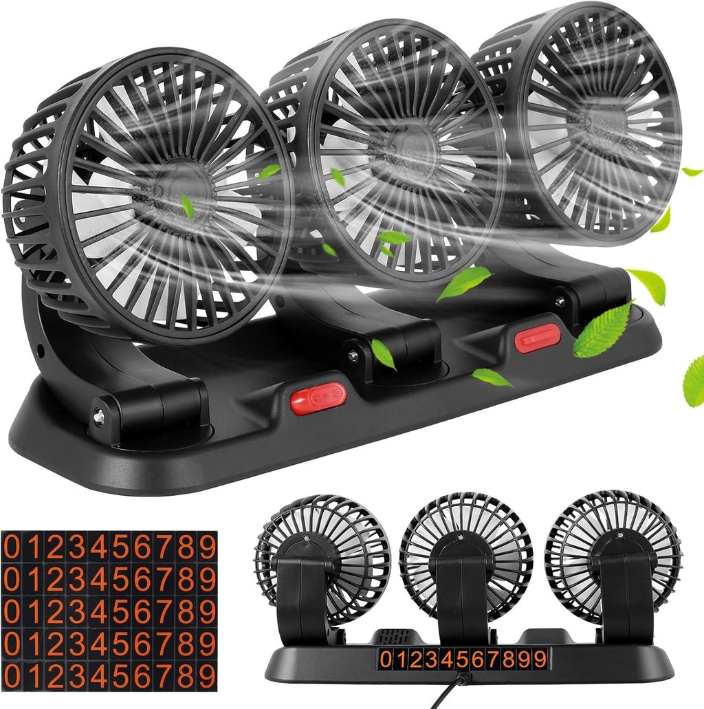 3 Head Car Fan 360° Rotate 2 Speed USB/12V/24V Quiet Cooling Fan for SUV RV