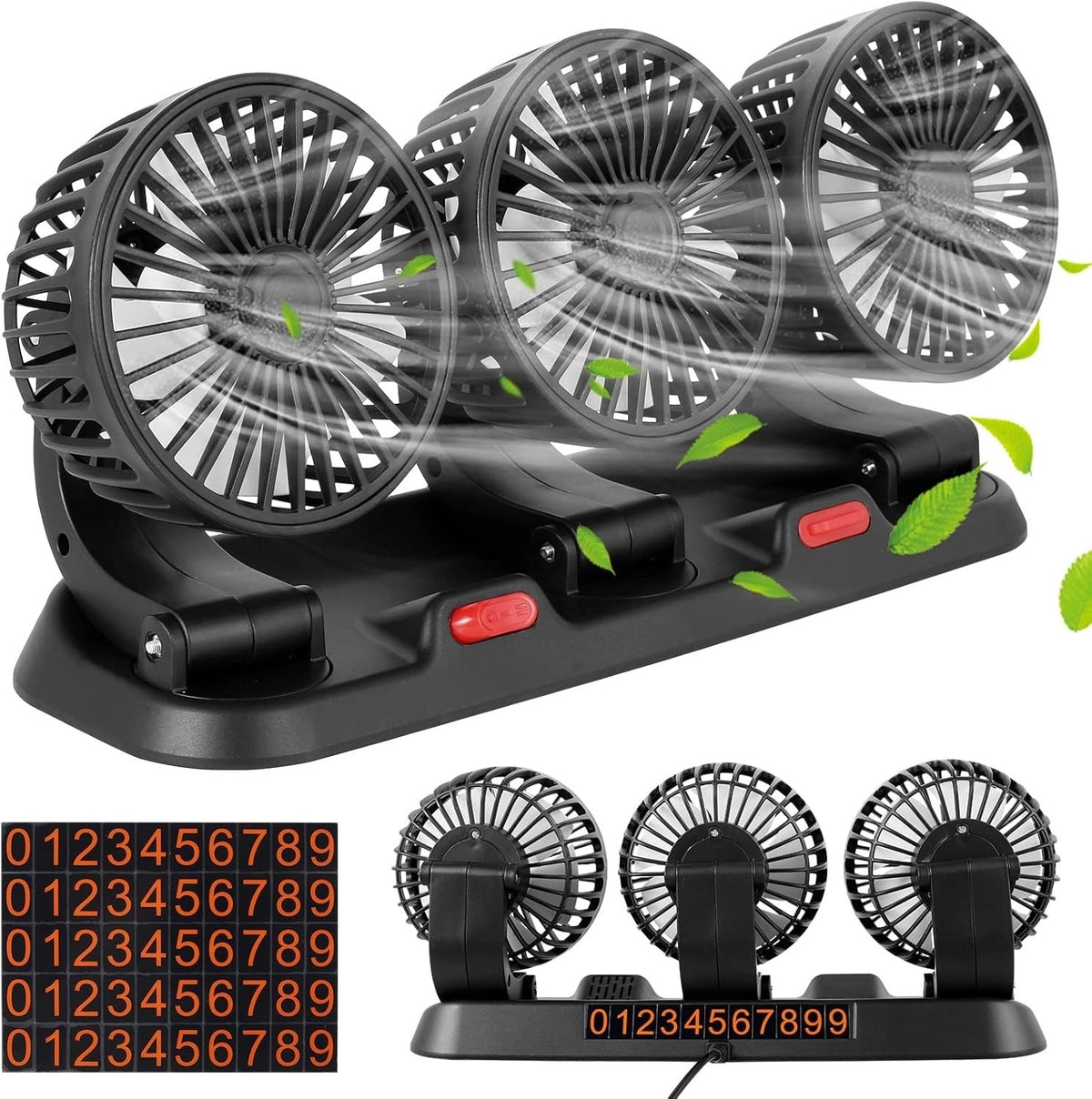 3 Head Car Fan 360° Rotate 2 Speed USB/12V/24V Quiet Cooling Fan for SUV RV