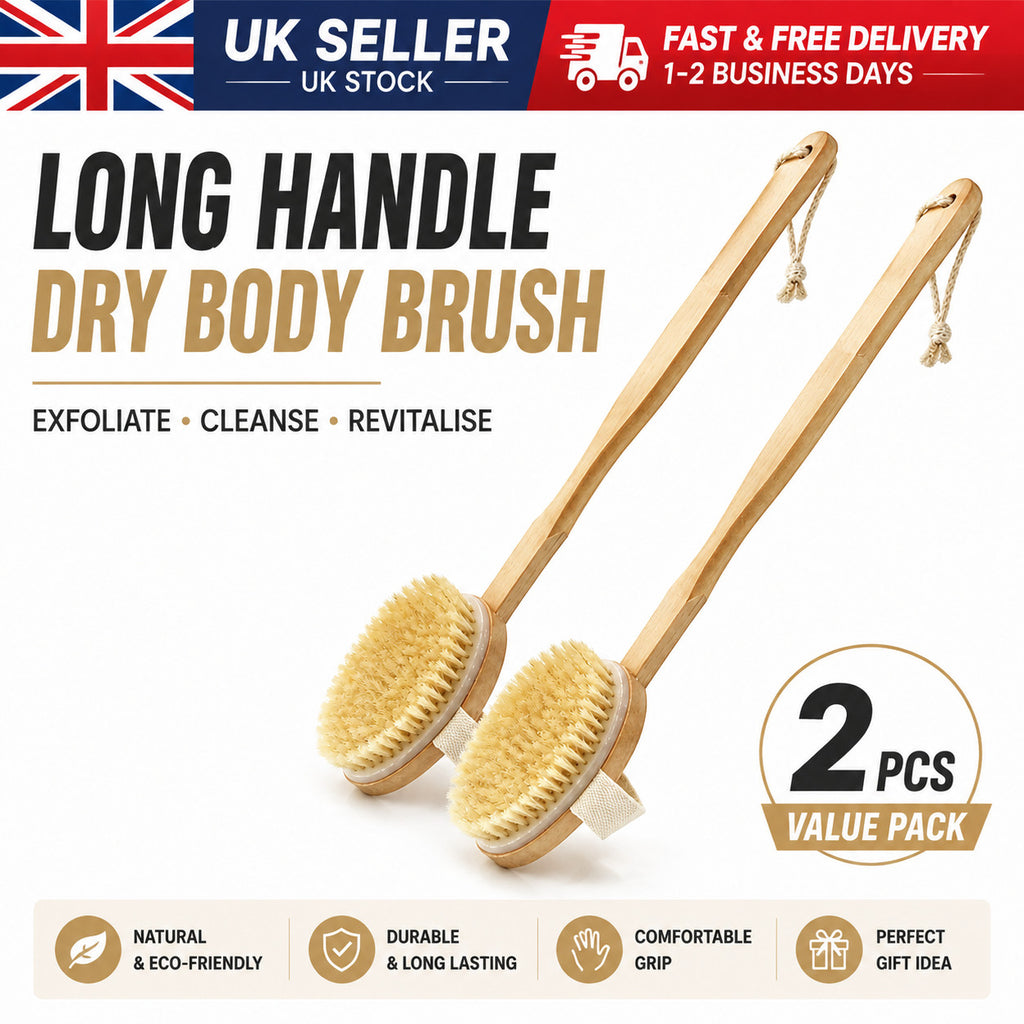 2x Back Scrubber Brush W/Long Wooden Handle For Shower Bath Body Exfoliating UK