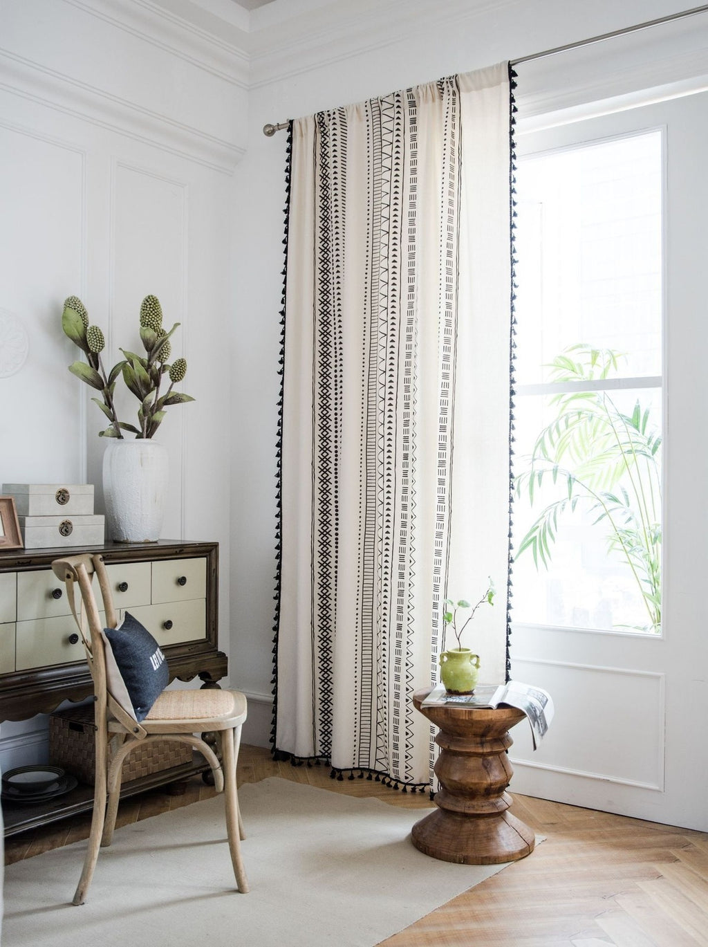 Geometric Tassels Panel Window Curtain Bohemian Cotton Linen Window Drapes