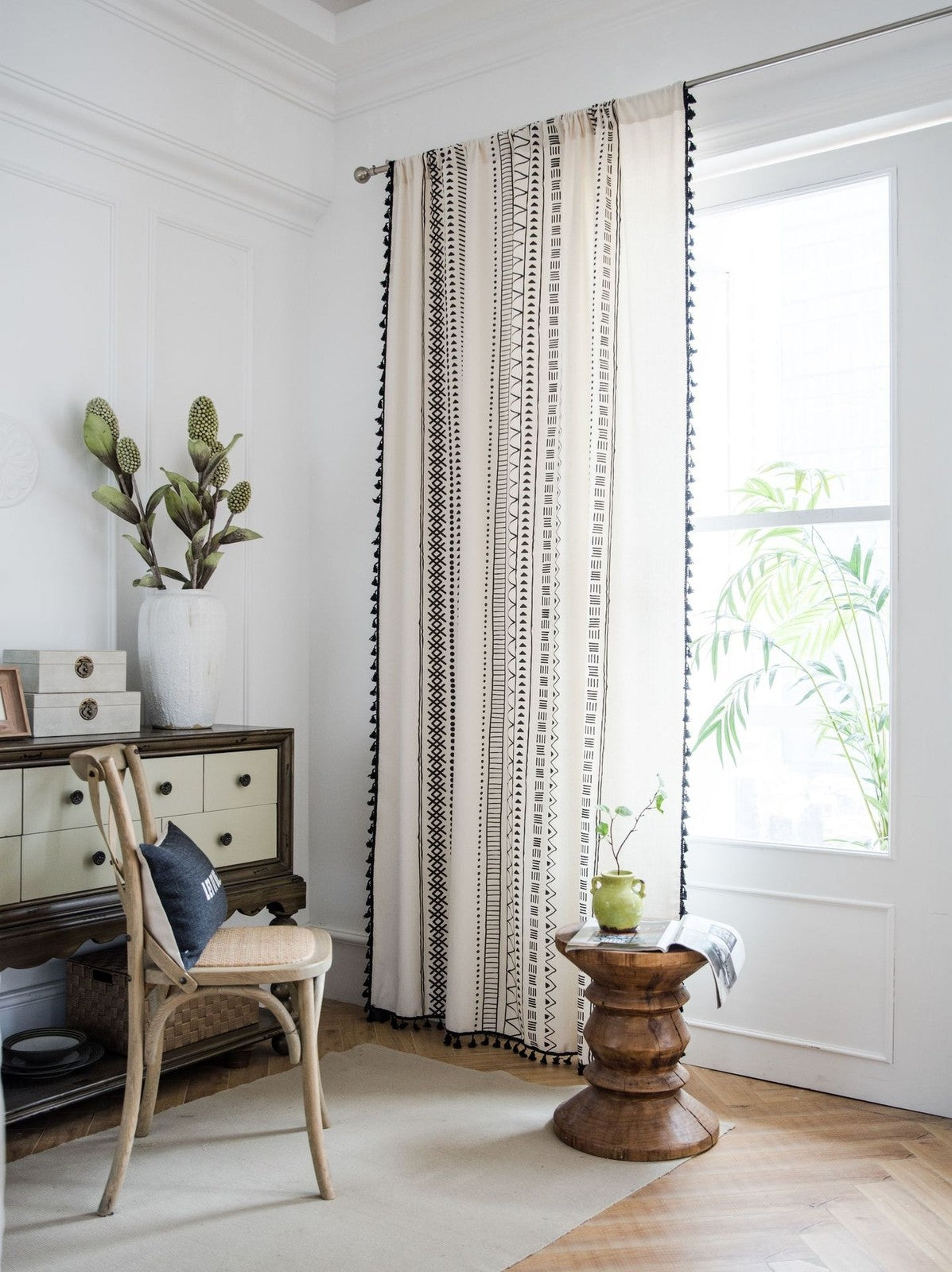 Geometric Tassels Panel Window Curtain Bohemian Cotton Linen Window Drapes