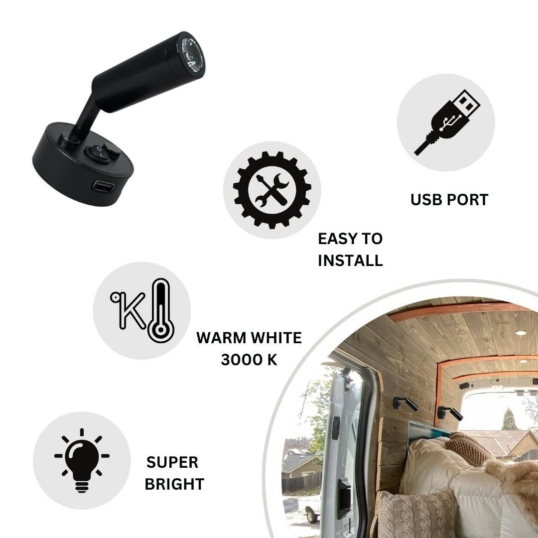 12V LED Reading Light USB Port Pack of 2 Caravan Campervan Boat Lamps