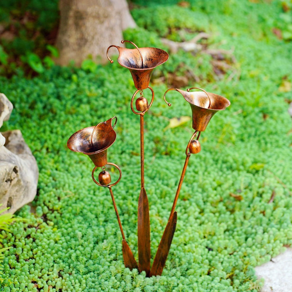 Flamed Copper Three Calla Lilies Garden Stake with Bells, Rain Catcher Flower UK