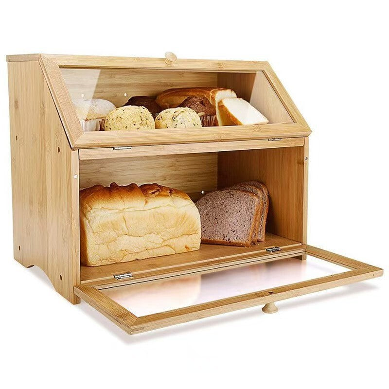 2 Tier Bamboo Bread Bin Double Layer Kitchen Storage Container Loaf Bread Box UK