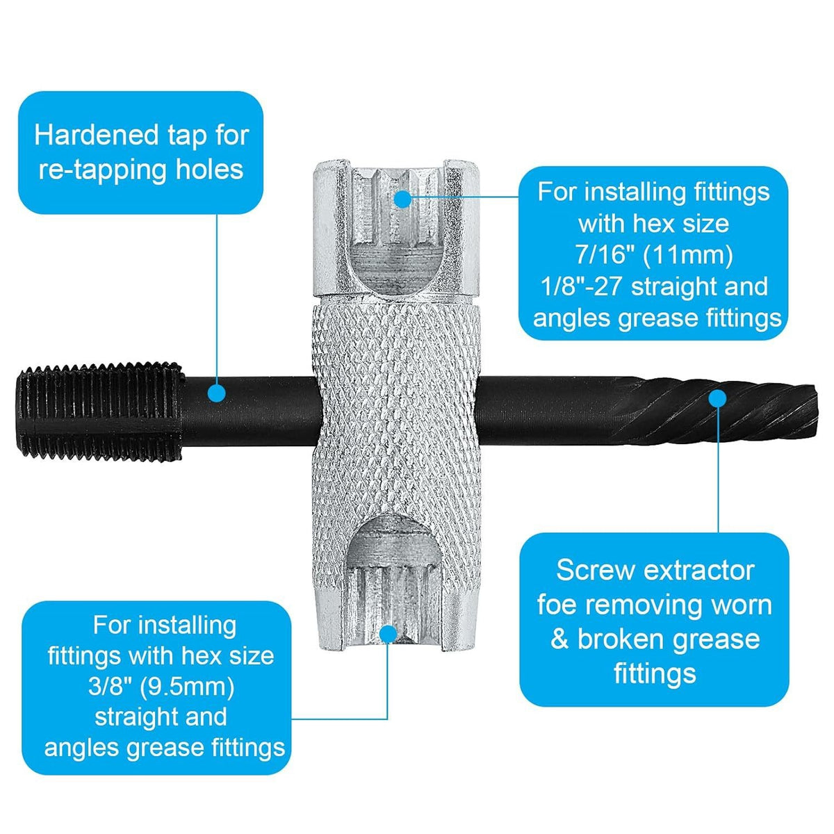 4 Way Zerk Grease Fittings Removal Tool 2 Pieces for 38 Inch 516 Inch 716 Inch