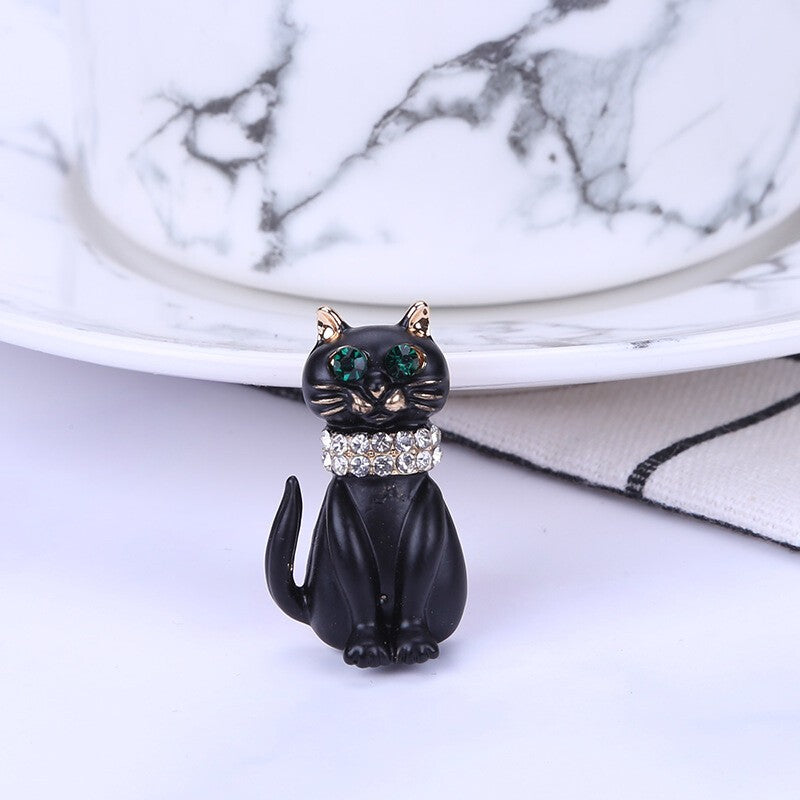 Vintage Style Black Enamel Crystal Cute Cat kitten Charm Animal Brooch Pin Gift