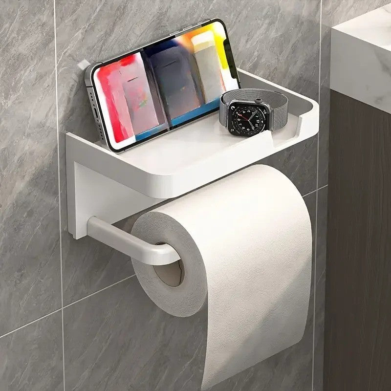 Home Bathroom Wall Mounted Toilet Roll Paper Holder Shelf Phone Stand Organizer