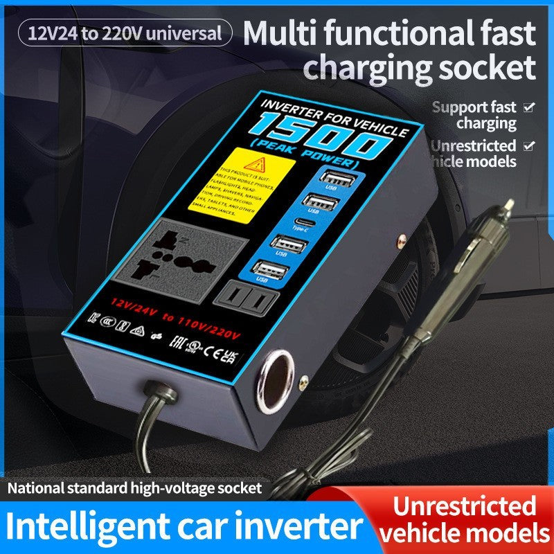 1500W Car Power Inverter Converter Adapter 12/24V to 220V1 Type-C USB 4 Socket