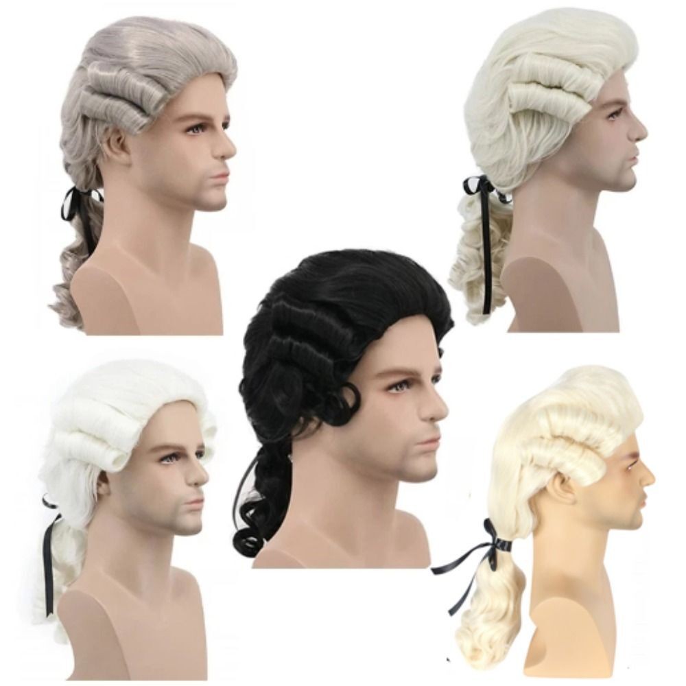 Lawyer Judge Baroque Cosplay Curly Wig Grey White Black Men Synthetic Wigs