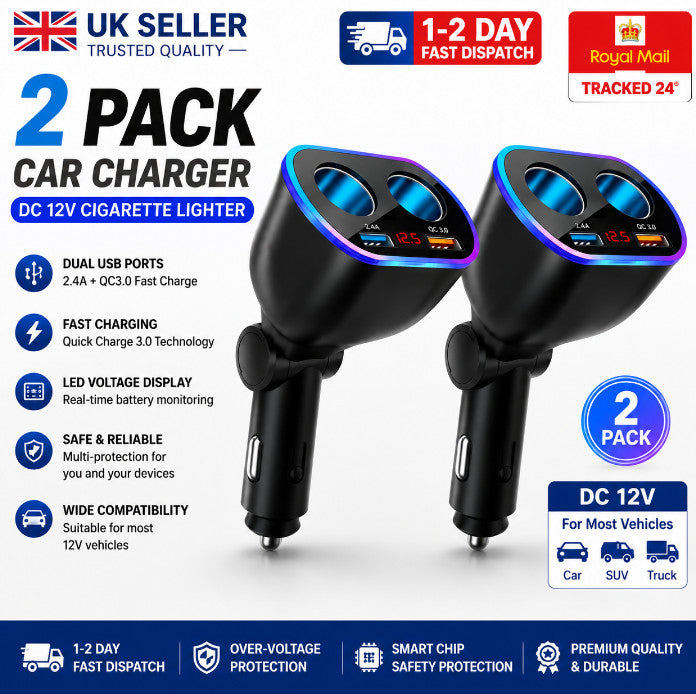 2X 2 Way Car Cigarette Lighter Socket Splitter Dual USB Charger Adapter DC 12V