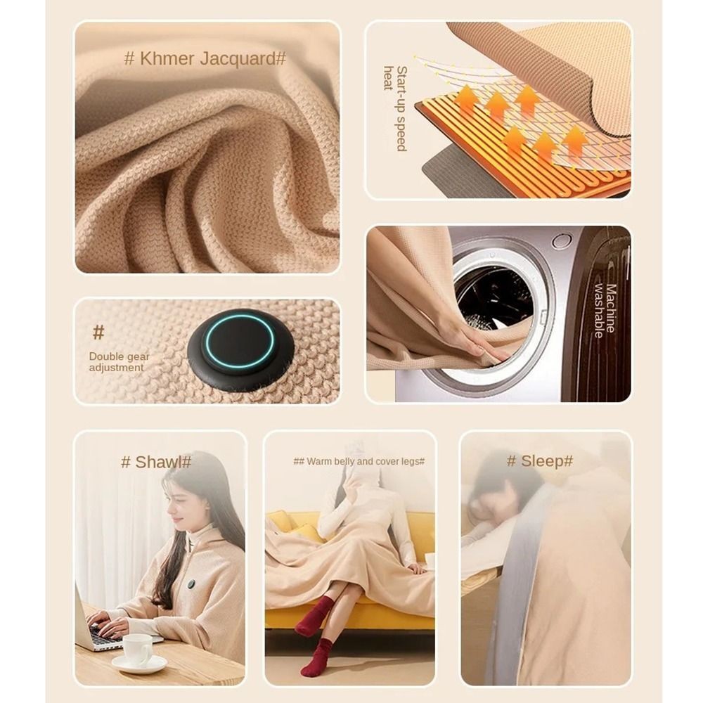 USB Heated Shawl Blanket Wearable Electric Heating Blanket with Zipper Closure
