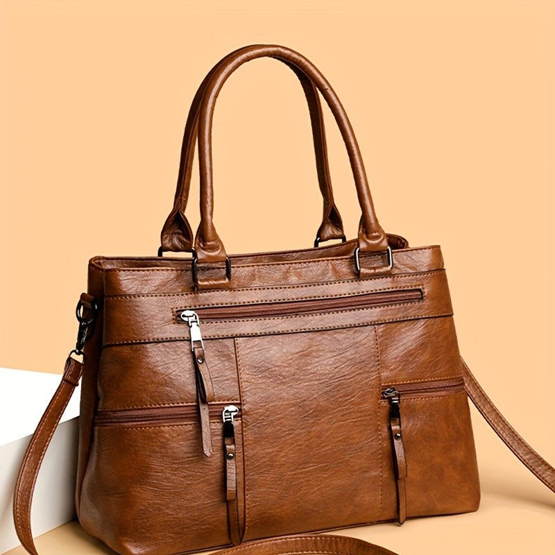 Vintage Large Capacity Tote Bag Women PU Leather Shoulder Handbag Crossbody