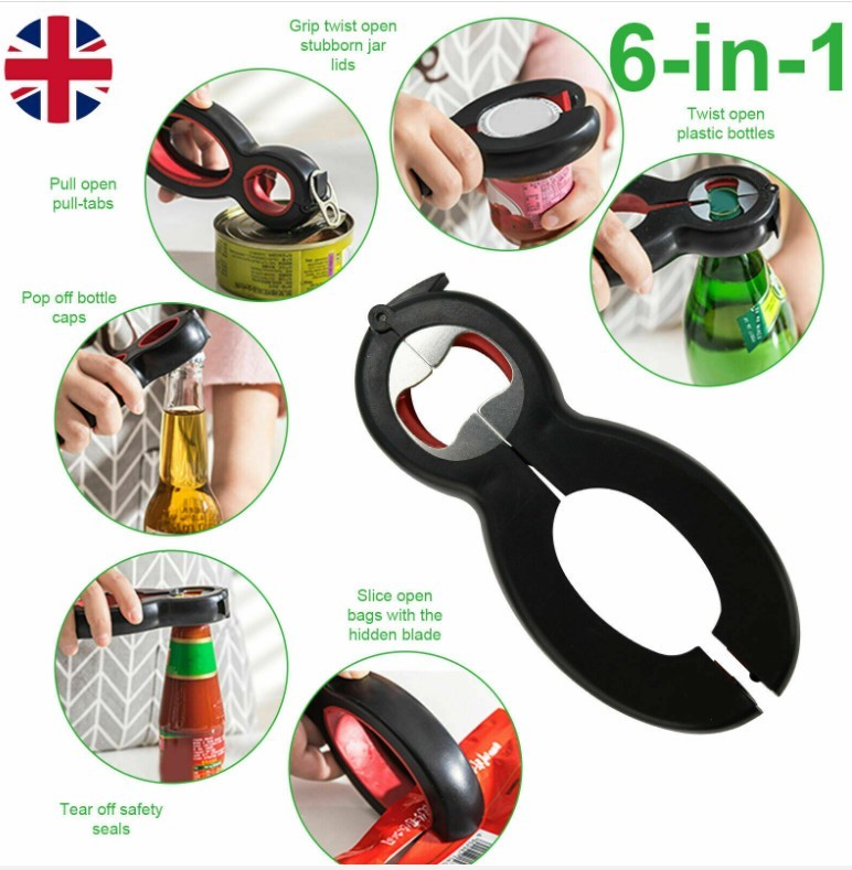 6 in 1 Multi Opener, Stainless Steel Manual Jar Opener Non Slip Open Sesame UK