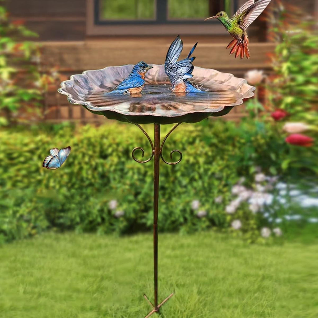 Retro Iron Bird Bath Feeder 5-Pronged Base Metal Bowl Freestanding Birdbath