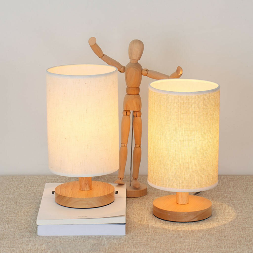 Nordic Cylinder Bedside Table Lamp Dimmer Wooden Table lamp Fabric Lampshade
