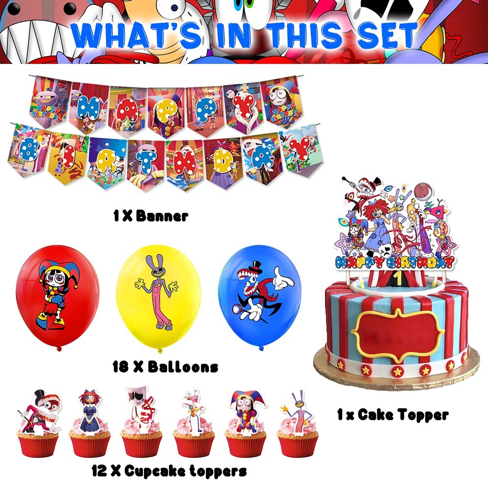 32PCS Amazing Digital Circus Party Decorations Banner Cake Topper Balloons